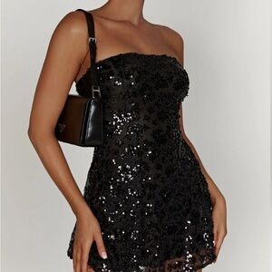 Black sequin strapless minidress by MESHKI